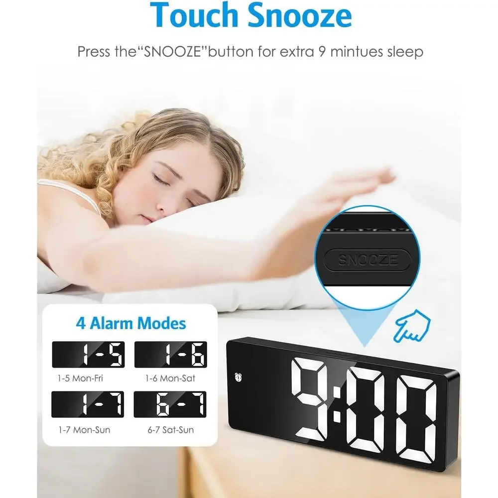 Digital Alarm Clock LED Type C or AAA Battery Operated Snooze 12/24H Mirror